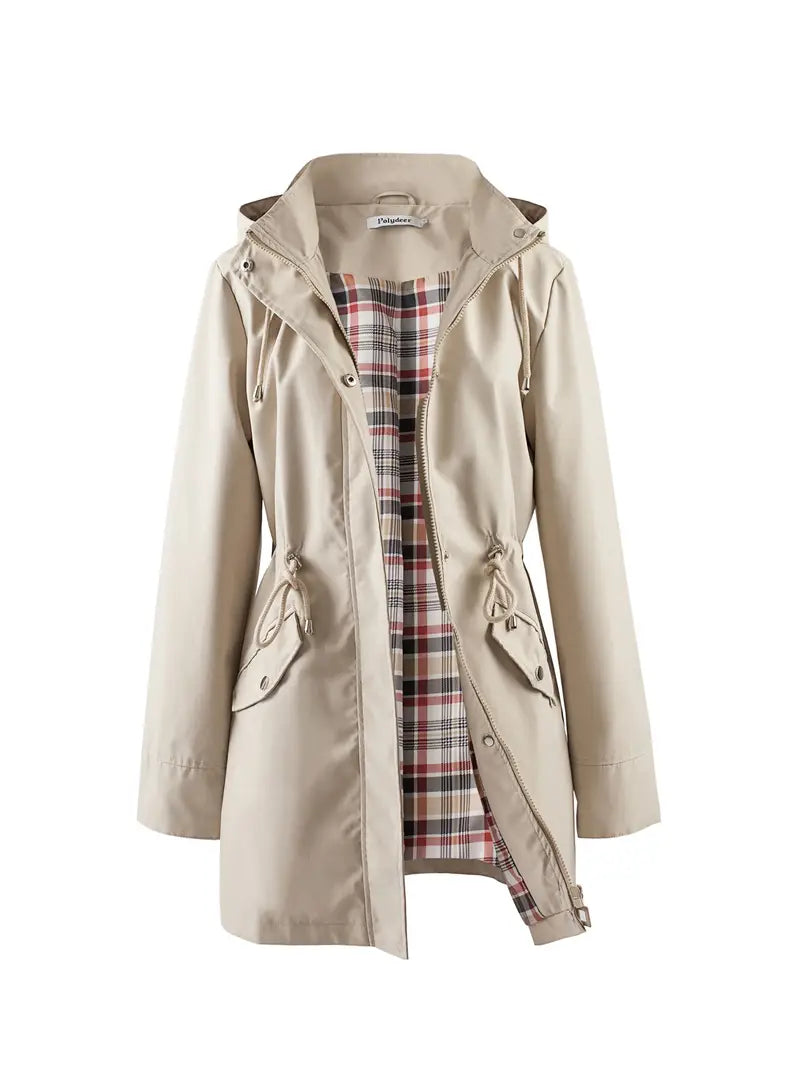 Women's Plaid Hooded Trench Coat – Stylish & Windproof Comfort 1