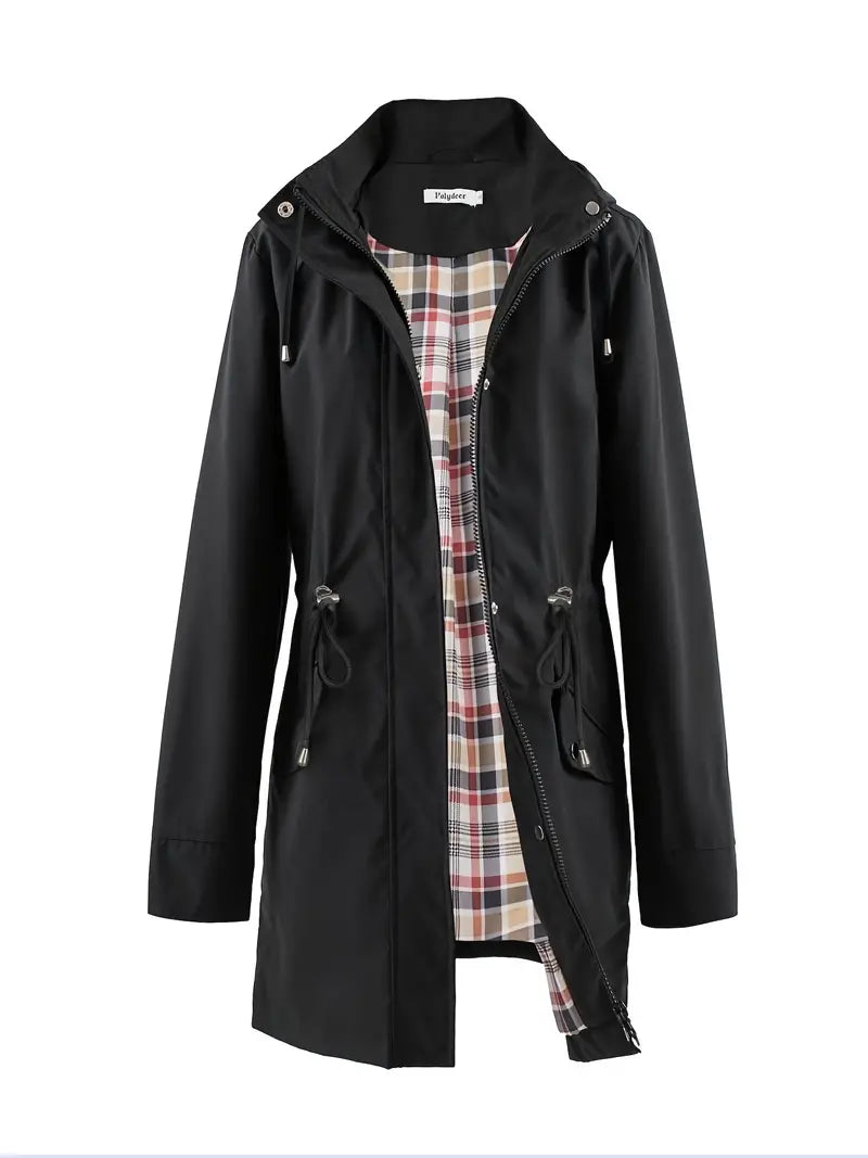 Women's Plaid Hooded Trench Coat – Stylish & Windproof Comfort 6