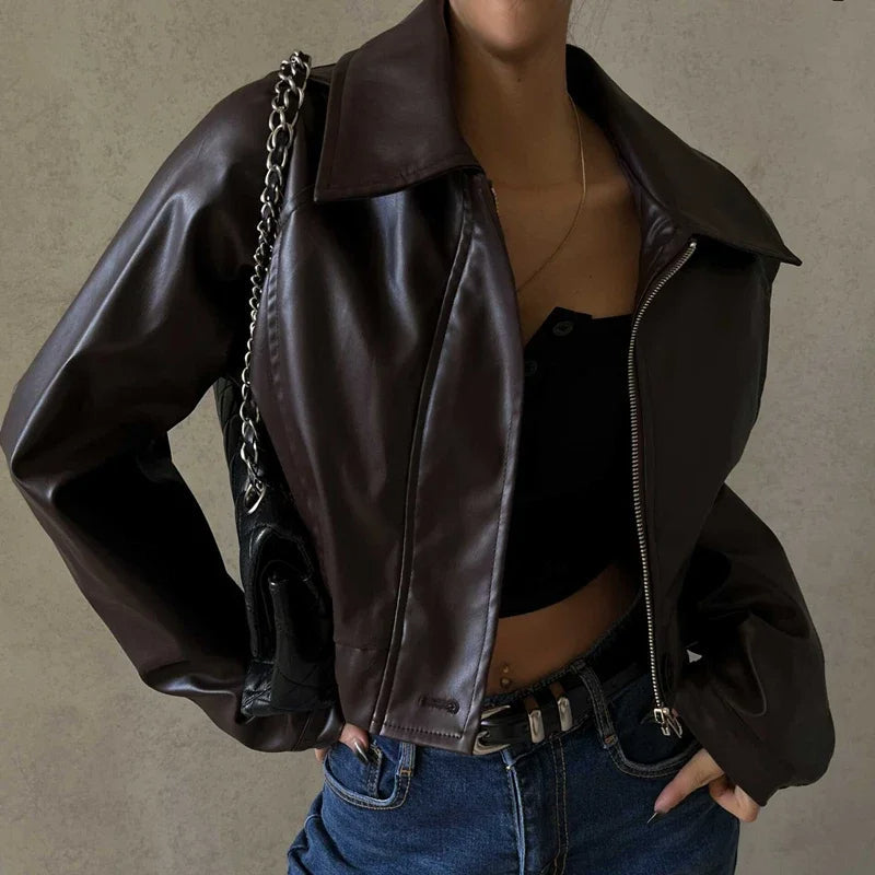 Women's Retro PU Leather Jacket – Chic Zipper Design for Fall 1