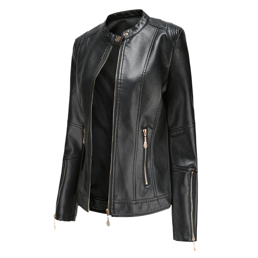 Women's Short Faux Leather Jacket – Chic Stand Collar Design 0