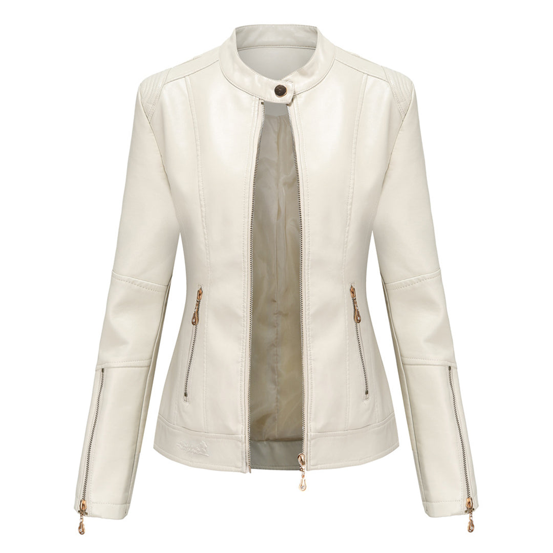 Women's Short Faux Leather Jacket – Chic Stand Collar Design 1