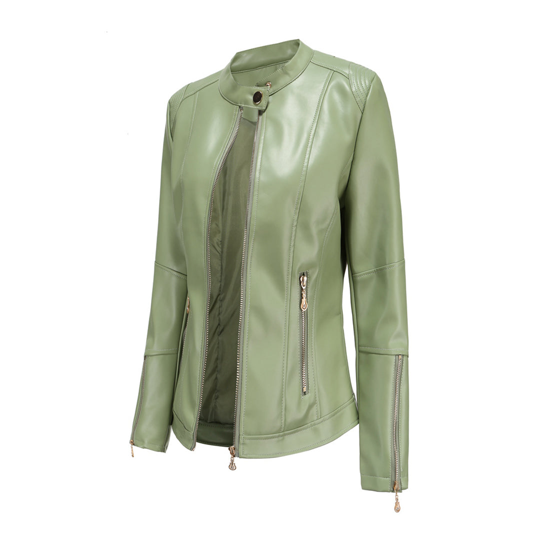 Women's Short Faux Leather Jacket – Chic Stand Collar Design 2