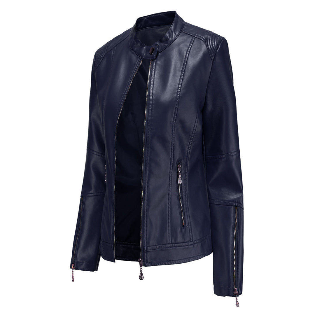 Women's Short Faux Leather Jacket – Chic Stand Collar Design 3