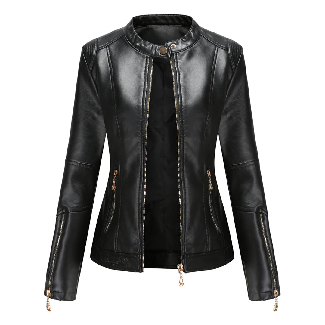 Women's Short Faux Leather Jacket – Chic Stand Collar Design 4