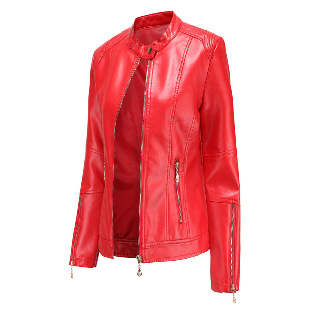 Women's Short Faux Leather Jacket – Chic Stand Collar Design 5