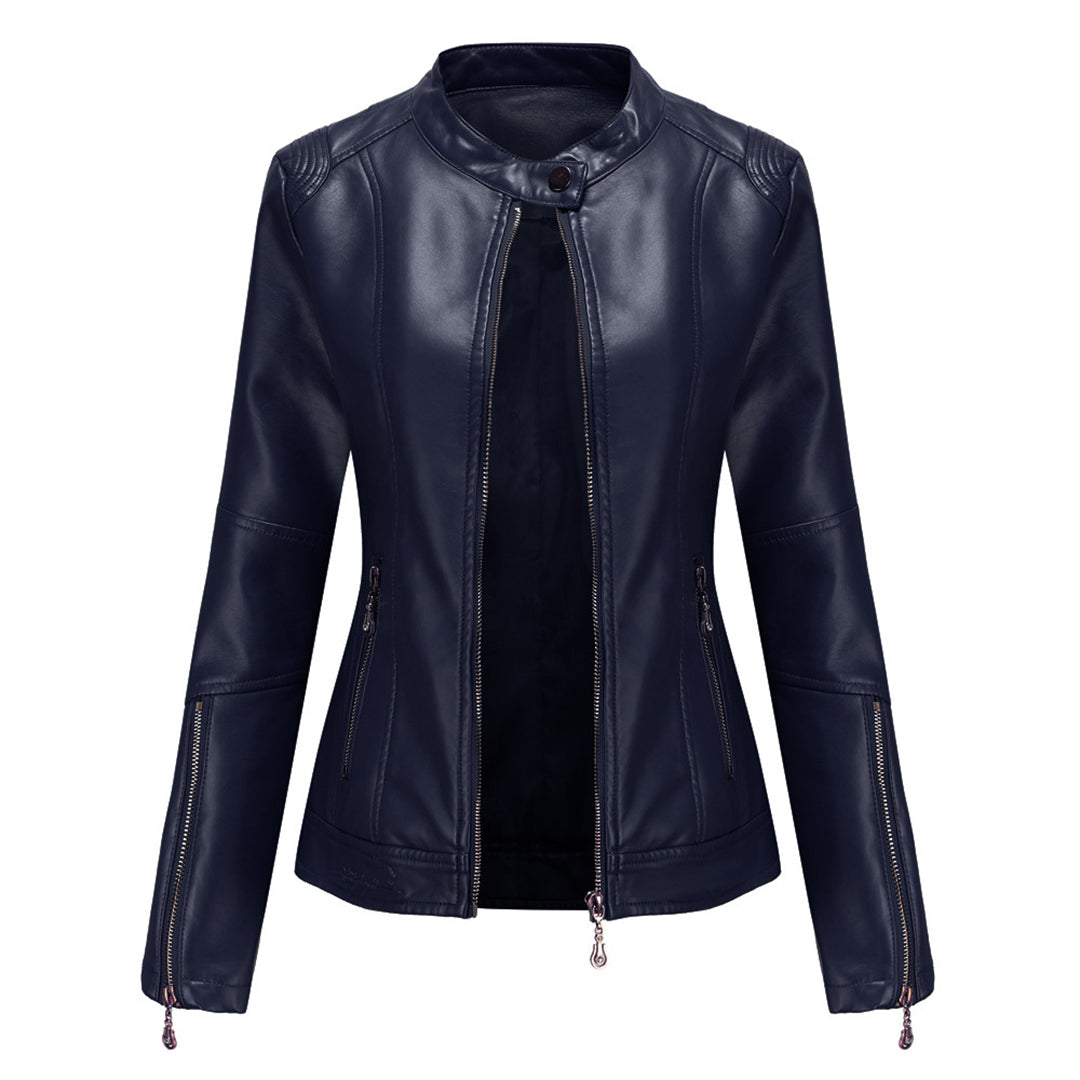 Women's Short Faux Leather Jacket – Chic Stand Collar Design 7