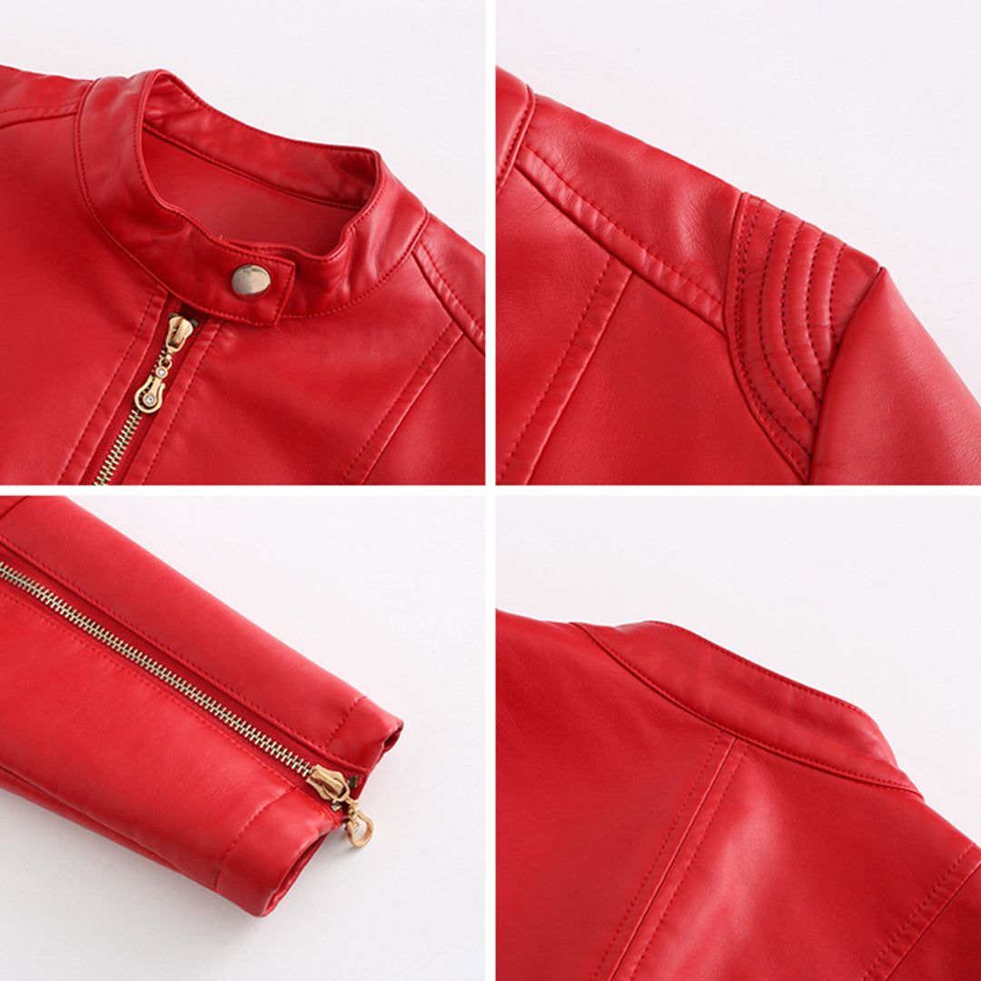 Women's Short Faux Leather Jacket – Chic Stand Collar Design 8