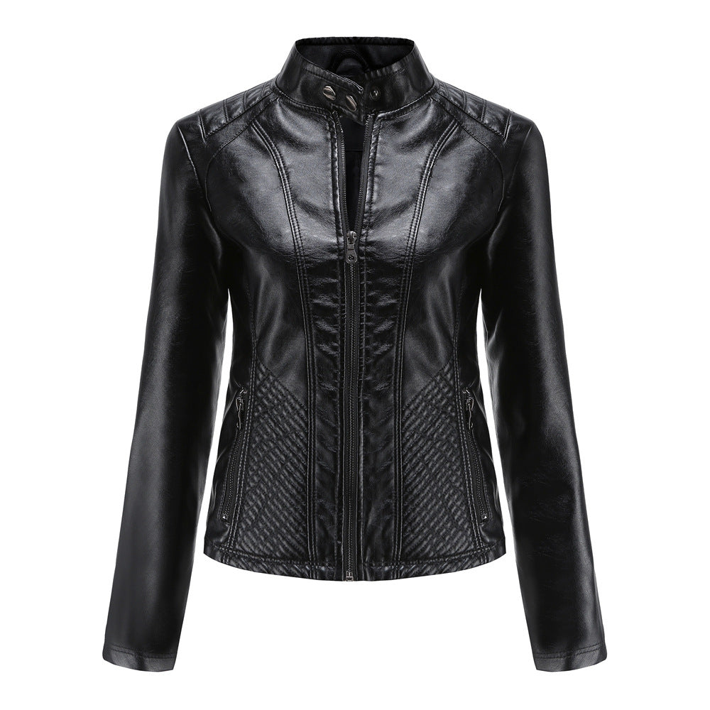 Women's Slim-Fit Leather Jacket – Chic Stand Collar for Casual Style 0