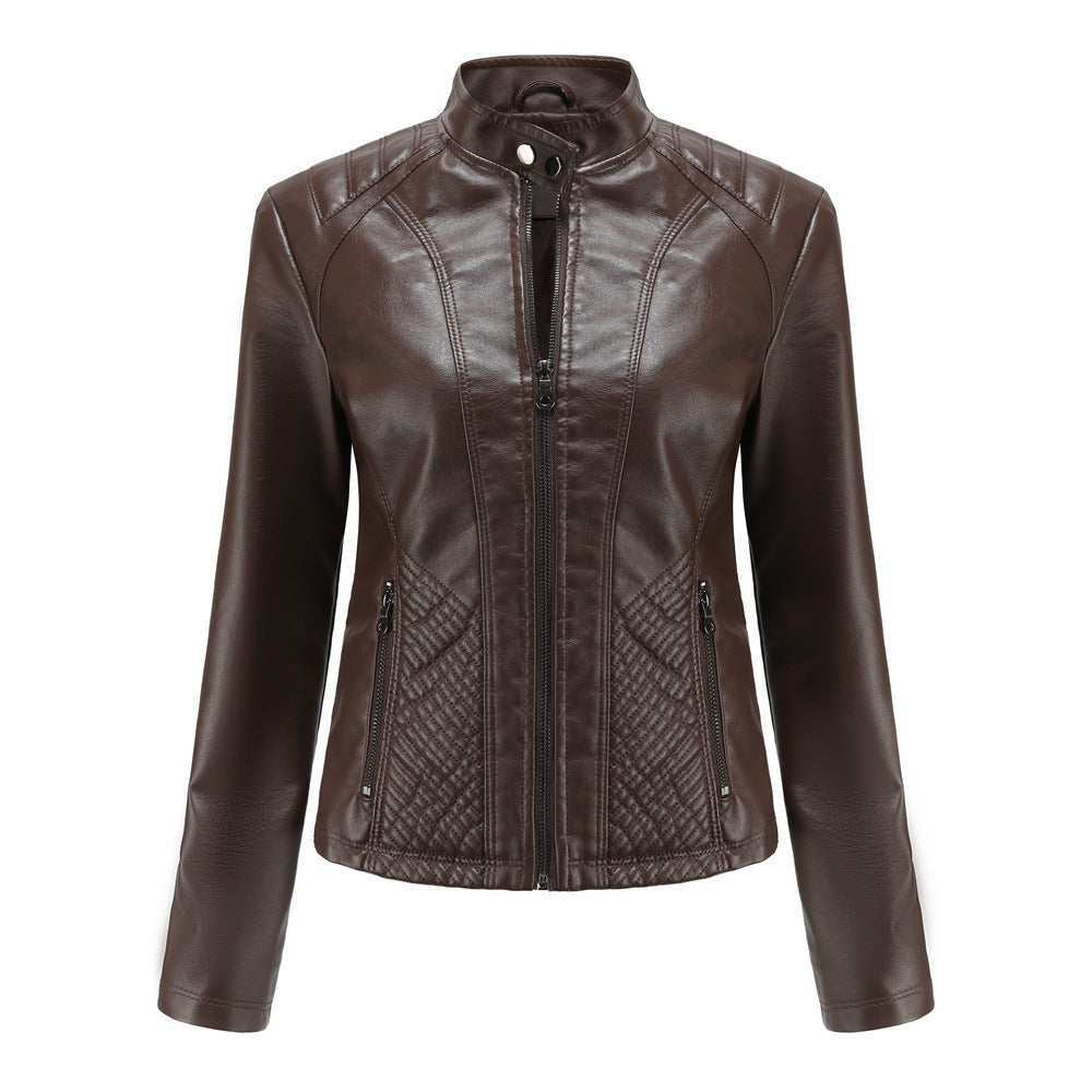 Women's Slim-Fit Leather Jacket – Chic Stand Collar for Casual Style 4