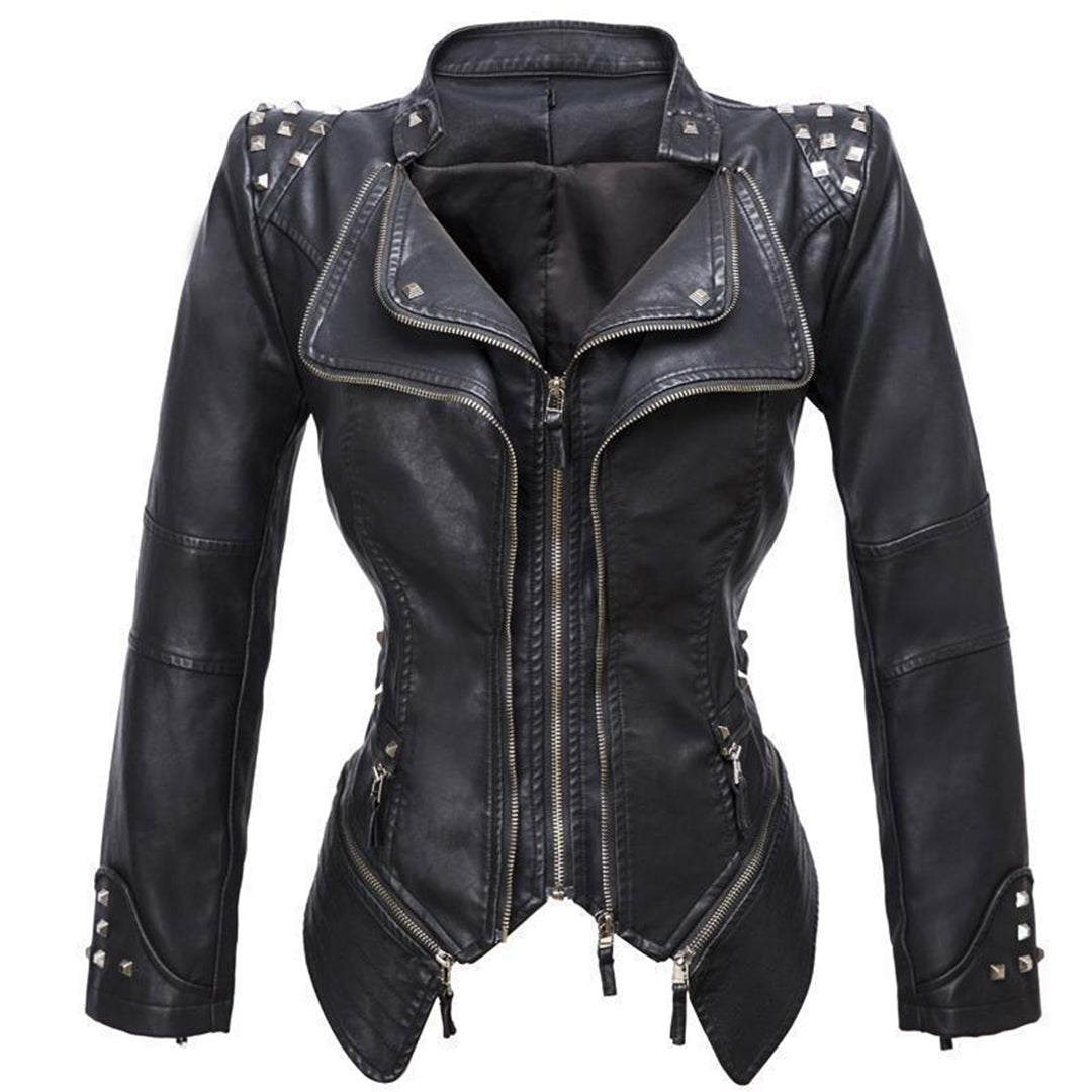 Women's Slim Fit Rivet Leather Jacket – Edgy Style for Every Occasion 0