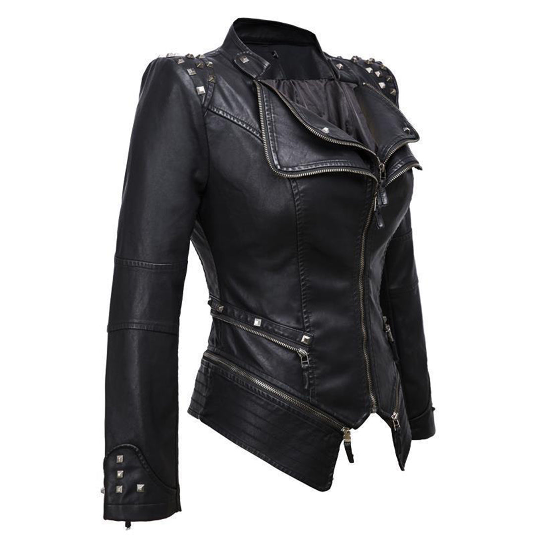 Women's Slim Fit Rivet Leather Jacket – Edgy Style for Every Occasion 1