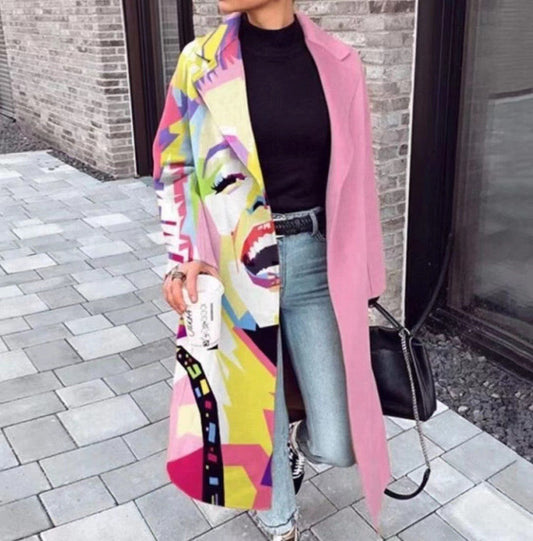 Color-Block Trench Coat – Artistic Print for Chic Style 0