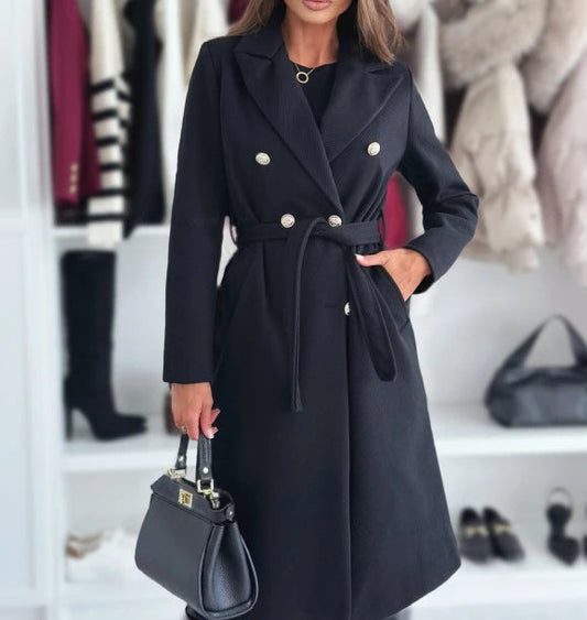 Elegant Double-Breasted Coat – Chic Tie Closure for Women 0