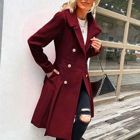 Elegant Woolen Trench Coat – Double-Breasted with Skirt Hemline 0