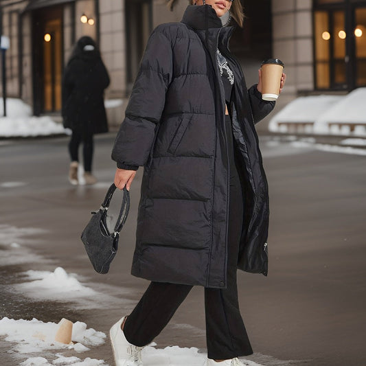 Long Women's Puffer Jacket – Chic High Lapel for Winter Warmth 0