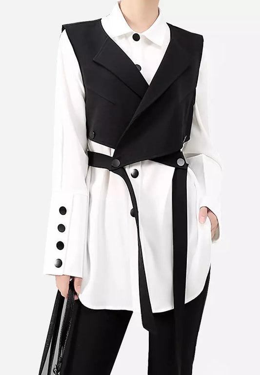 Women's Black Vest & Long-Sleeve Blouse Set – Chic Layering Essential 0