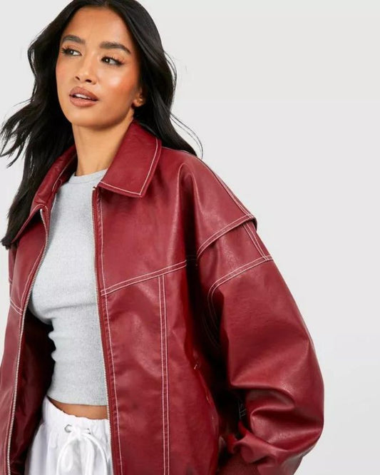 Women's Bomber Jacket – Chic PU Leather for All-Season Style 0