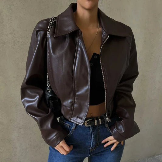 Women’s Brown Cropped Jacket – Stylish PU Leather for Versatile Looks 0