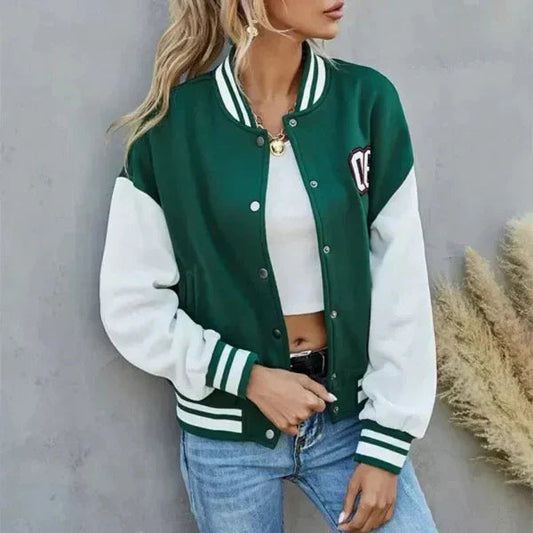 Women’s Casual Bomber Jacket – Stylish Contrast Sleeves & Comfort 0