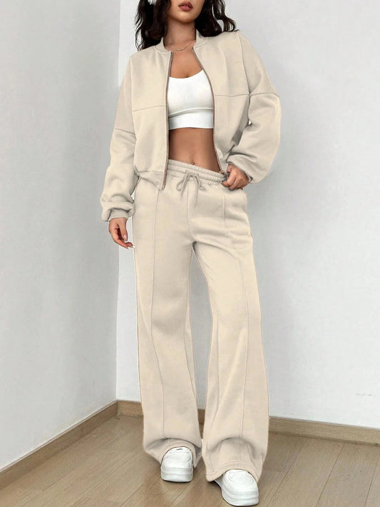 Women's Casual Bomber Jacket & Wide-Leg Pants Set – Effortless Style 0
