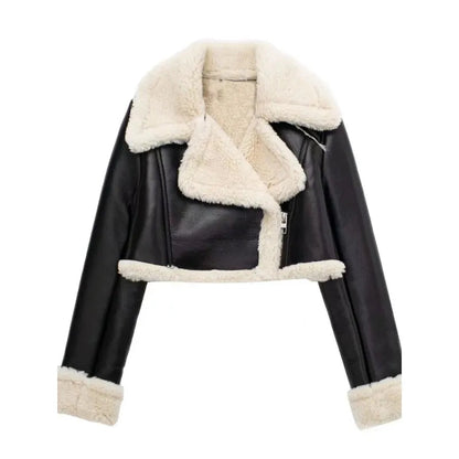 Women's Classic Leather Coat – Stylish Wide Collar for Fall 0