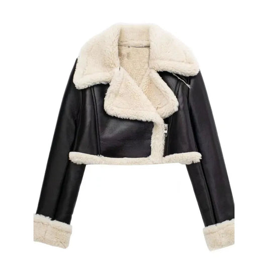 Women's Classic Leather Coat – Stylish Wide Collar for Fall 0