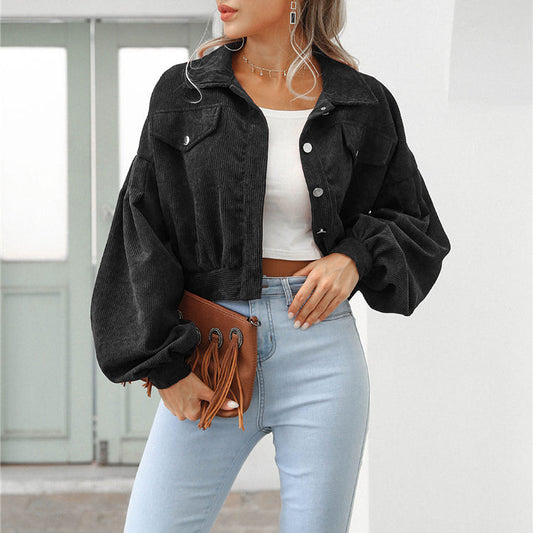 Women's Cropped Corduroy Jacket – Stylish Lantern Sleeves & Pockets 0
