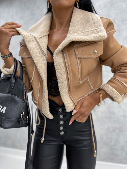 Women’s Cropped Faux Leather Jacket – Cozy Shearling Lining 0