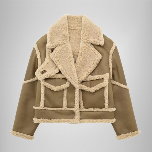 Women’s Cropped Shearling Jacket – Stylish Faux Suede & Warm Lining 0