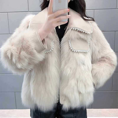 Women's Faux Fur Jacket – Pearl-Embellished Elegance for Fall 0
