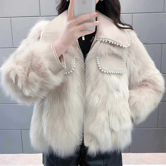 Women's Faux Fur Jacket – Pearl-Embellished Elegance for Fall 0