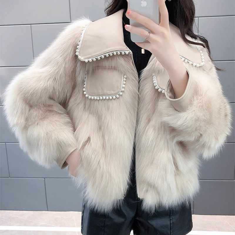 Women's Faux Fur Jacket – Pearl-Embellished Elegance for Fall 3
