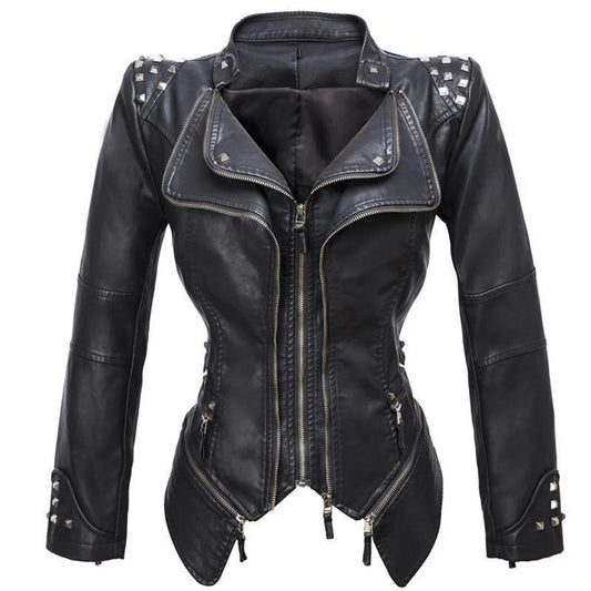 Women’s Faux Leather Biker Jacket – Edgy Slim Fit Design 0