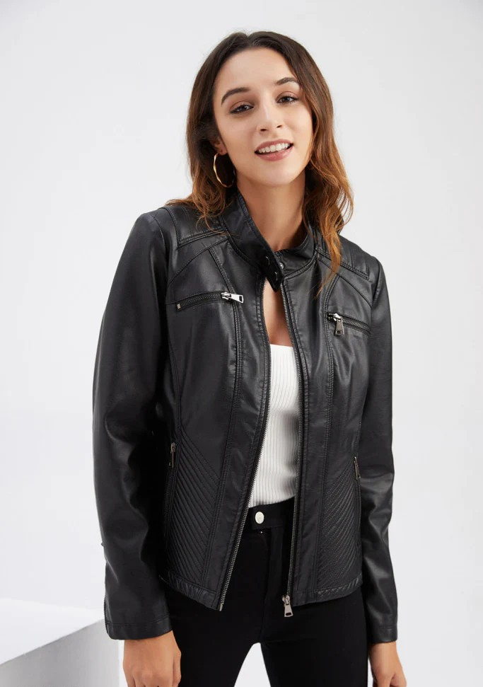 Women's Faux Leather Jacket – Stylish Stand-Up Collar Design 1