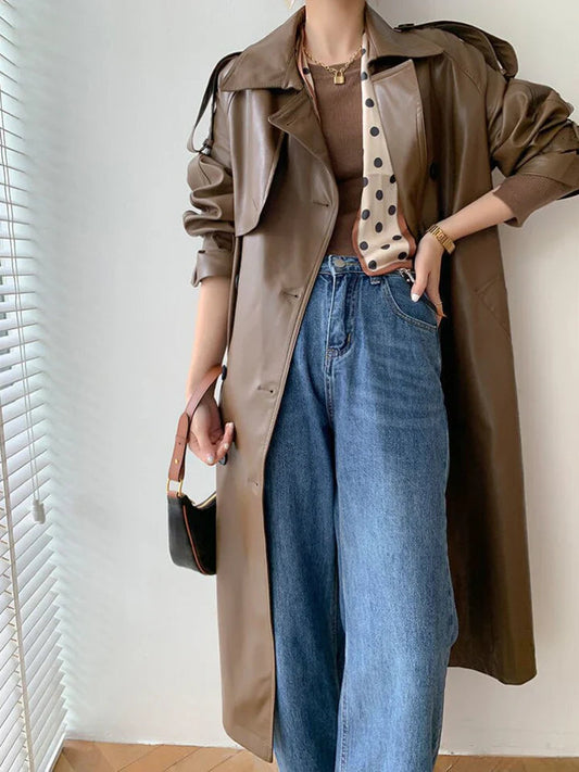 Women's Faux Leather Trench Coat – Elegant Double-Breasted Design 0