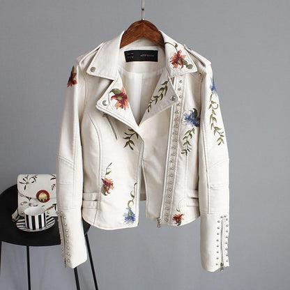 Women's Fitted PU Leather Jacket – Edgy Style with Embroidery 0
