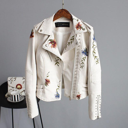 Women's Fitted PU Leather Jacket – Edgy Style with Embroidery 0