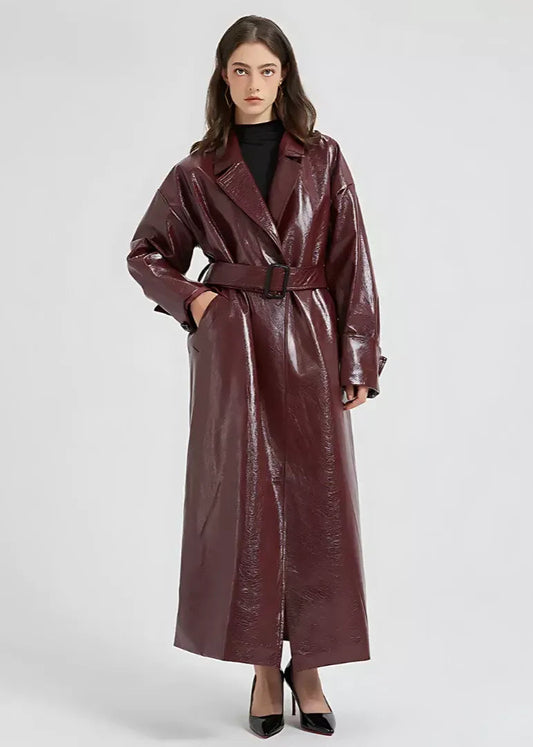 Women’s Glossy Vegan Leather Trench Coat – Chic Slim Fit Style 0