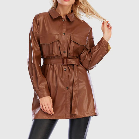 Women's Leather Jacket - Chic Belted Design for Effortless Style 0
