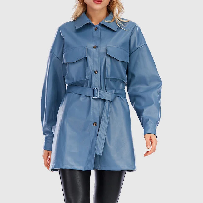 Women's Leather Jacket - Chic Belted Design for Effortless Style 1