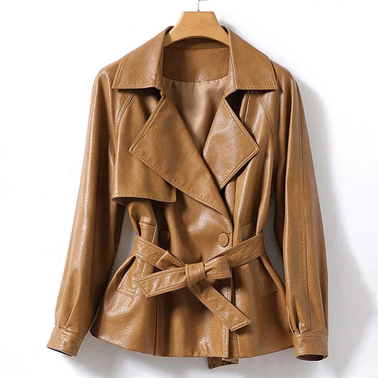 Women's Leather Jacket – Belted Waist for Flattering Fit 0