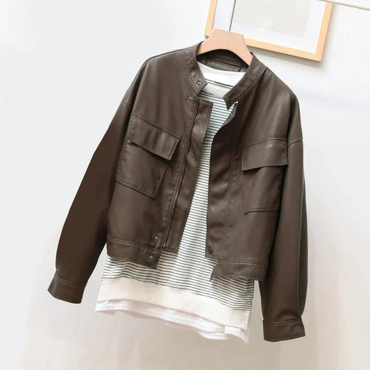 Women's Leather Jacket – Chic Mandarin Collar for Versatile Style 0