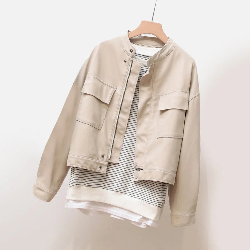 Women's Leather Jacket – Chic Mandarin Collar for Versatile Style 3
