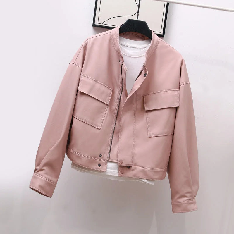 Women's Leather Jacket – Chic Mandarin Collar for Versatile Style 7