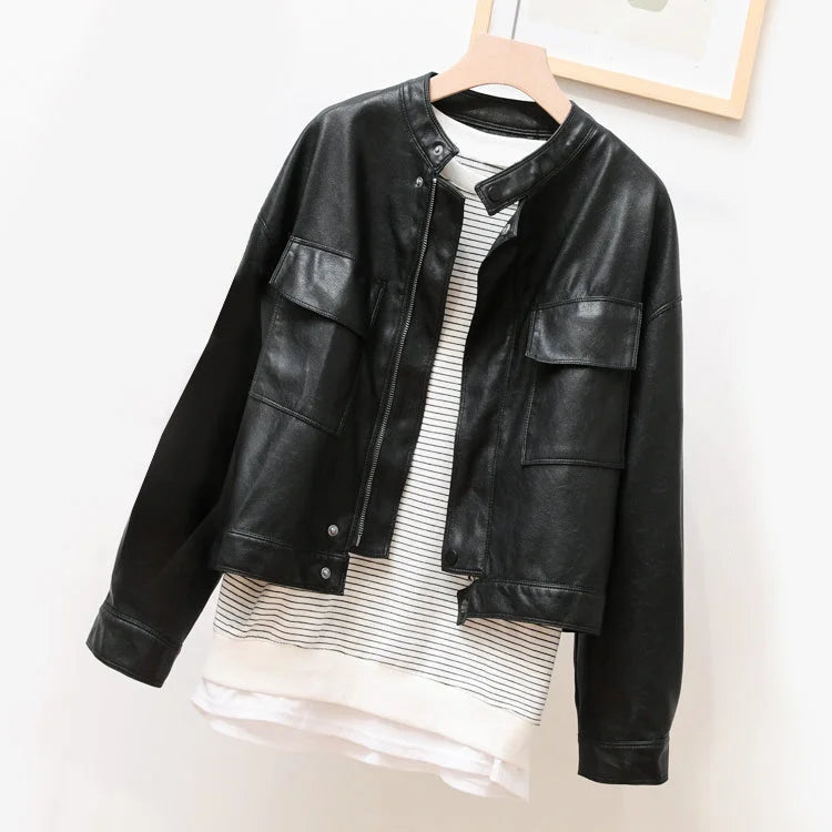 Women's Leather Jacket – Chic Mandarin Collar for Versatile Style 8