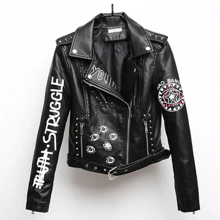 Women's Leather Jacket – Edgy Print & Slim Fit for Style 0