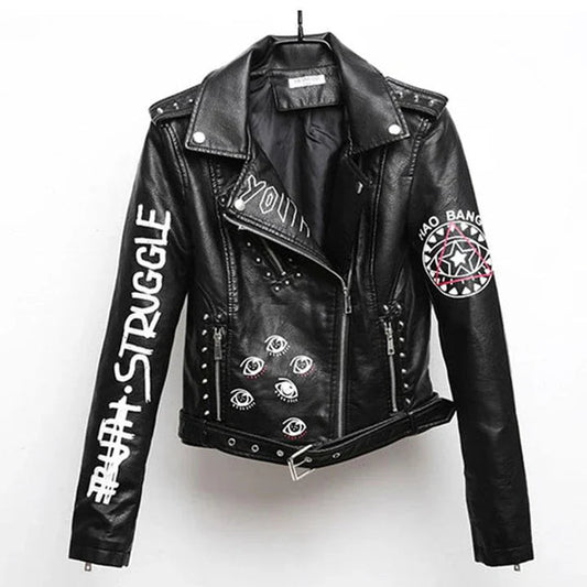 Women's Leather Jacket – Edgy Print & Slim Fit for Style 0
