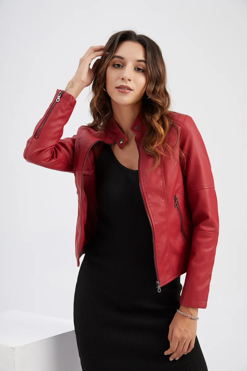 Women's Leather Jacket – Stylish Zipper & Stand Collar Design 3