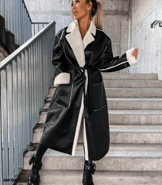 Women's Leather Windbreaker Trench Coat – Warm & Chic Design 0