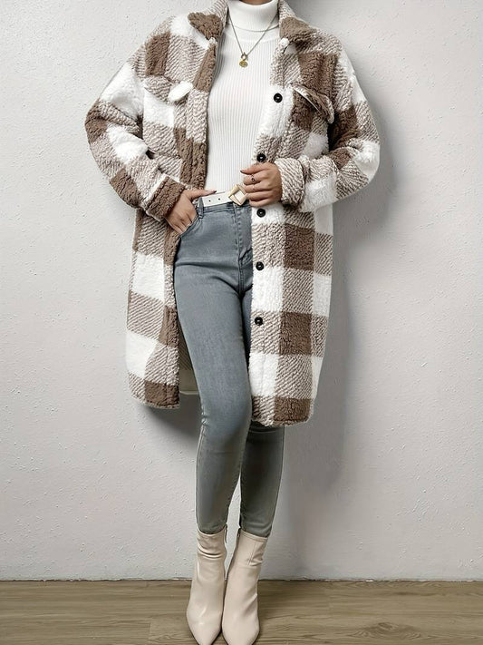 Women's Long Teddy Jacket – Cozy Checkered Style for Fall 0